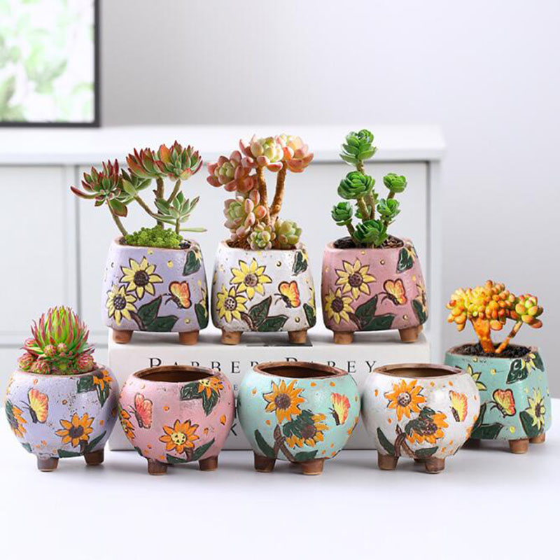 Gardening Tools Cute - กระถางต้นไม้ลายดอกทานตะวันสไตล์เกาหลีแจกันระบายอากาศพร้อมรูกระถางดอกไม้น่ารักเครื่องประดับตั้งโต๊ะตกแต่งบ้าน