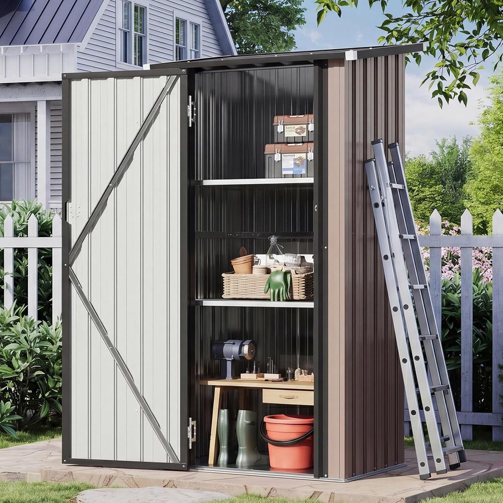 Gardening Tools Storage - ตู้เก็บของกลางแจ้งพร้อมพื้น, ชั้นวางปรับได้ 2 ชั้น และประตูล็อคได้, ตู้เก็บเครื่องมือขนาดเล็กกันน้ำ,