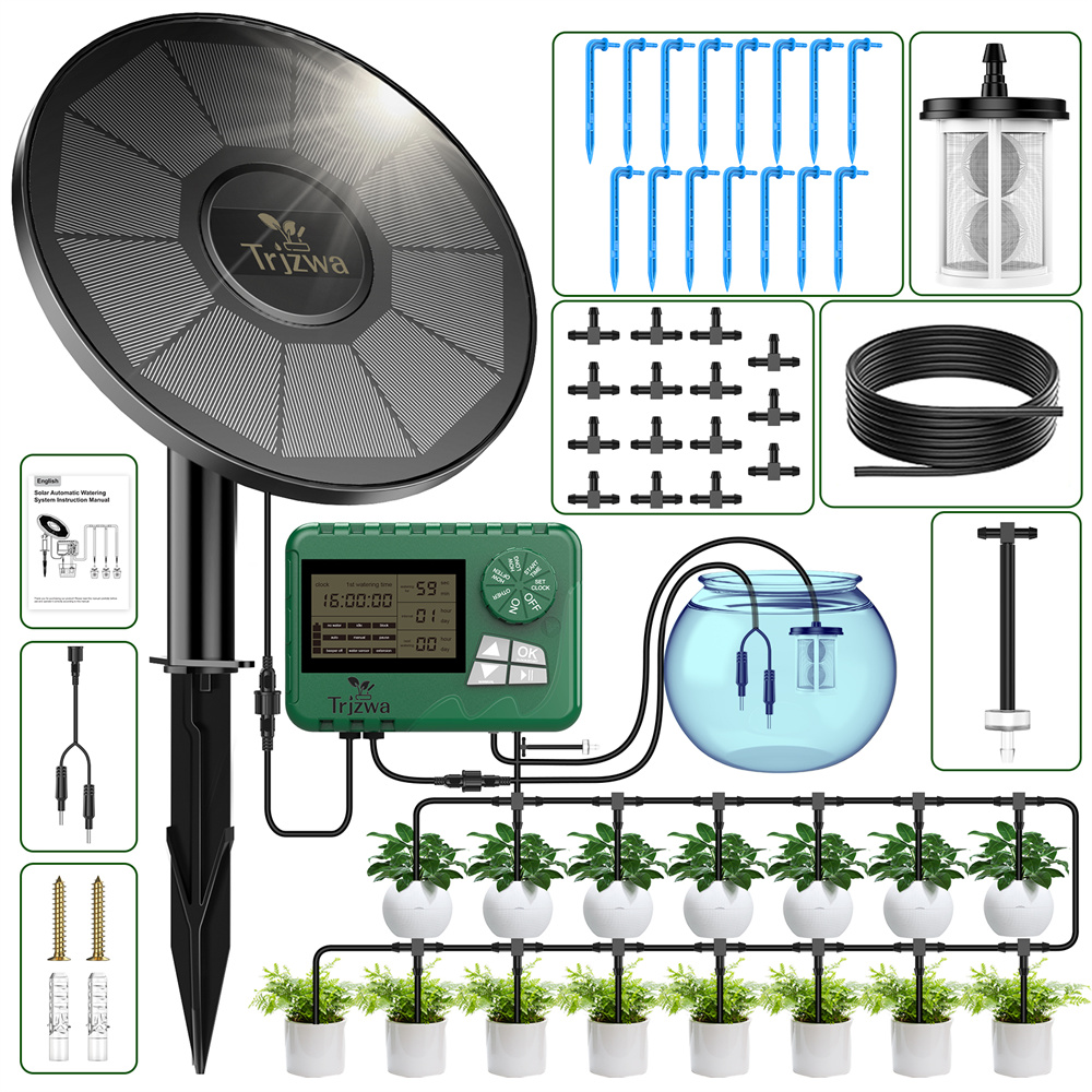 Automatic Plant Waterer - ระบบชลประทานหยดน้ำพลังงานแสงอาทิตย์พร้อมฟังก์ชั่นตั้งเวลาอัจฉริยะและแจ้งเตือนภาวะน้ำขาดแคลน ชุดรดน้ำอัตโนมัติพร้อมสายยาง 15 ม. และหัวหยดน้ำ 15