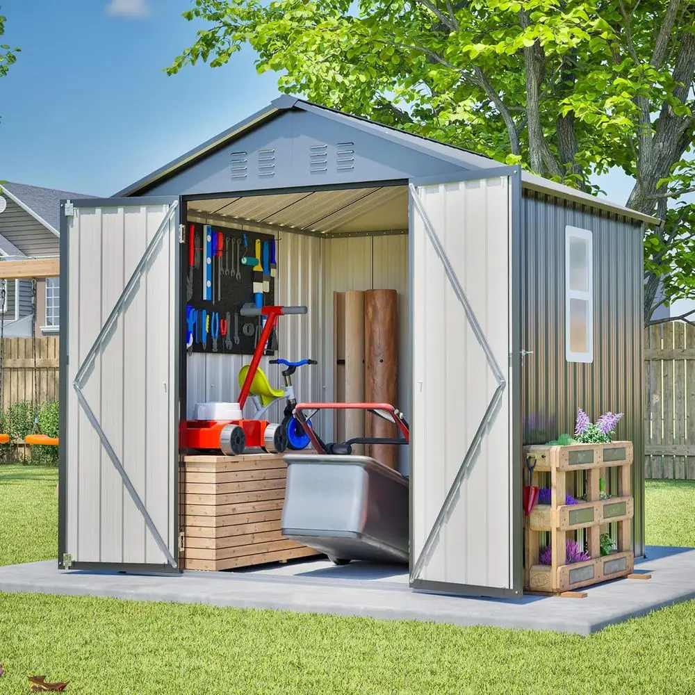 Gardening Tools Storage - โรงเก็บของกลางแจ้งเหล็กชุบสังกะสีขนาด 6x6 ฟุต พร้อมประตูล็อคได้ หลังคาทรงลาด และหน้าต่างใส